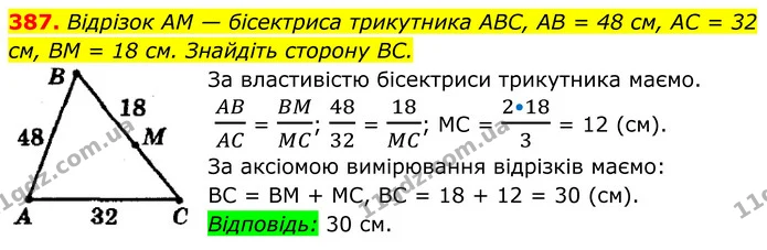 387. Відрізок AM — бісектриса трикутника ABC, AB = 48 см, AC = 32 см, BM = 18 см. Знайдіть сторону BC. — ГДЗ Геометрія 8 клас Мерзляк