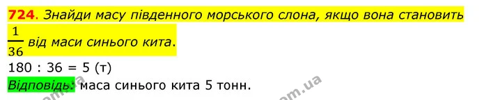 724. Знайди масу південного морського слона, якщо вона становить 136 від маси синього кита. — ГДЗ Математика 3 клас Бевз 2 частина