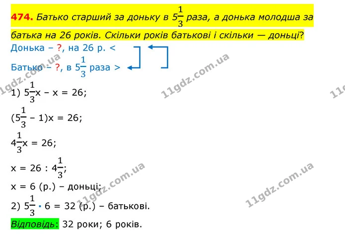 474. Батько старший за доньку в 513 раза, а донька молодша за батька на 26 років. Скільки років батькові і скільки — доньці? — ГДЗ Математика 6 клас Істер 2023 1-2 ч.