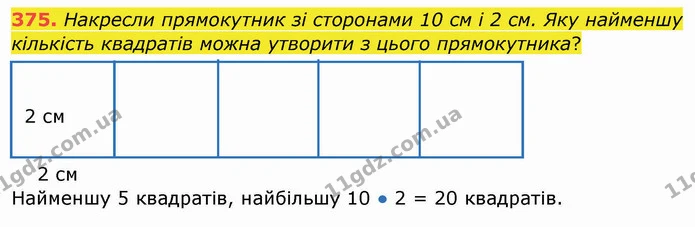 375. Накресли прямокутник зі сторонами 10 см і 2 см. Яку найменшу кількість квадратів можна утворити з цього прямокутника? — ГДЗ Математика 4 клас Заїка