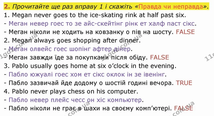 2. Прочитайте ще раз вправу 1 і скажіть «Правда чи неправда». — ГДЗ Англійська мова 4 клас Мітчелл 2026