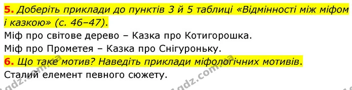 5. Доберіть приклади до пунктів 3 й 5 таблиці «Відмінності між міфом і казкою» (с. 46–47). — ГДЗ Зарубіжна література 6 клас Волощук
