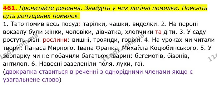 461. Прочитайте речення. Знайдіть у них логічні помилки. Поясніть суть допущених помилок. — ГДЗ Українська мова 5 клас Заболотний 2022