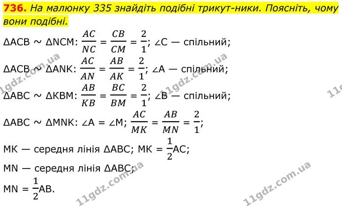 736. На малюнку 335 знайдіть подібні трикут­ники. Поясніть, чому вони подібні. — ГДЗ Геометрія 8 клас Бурда