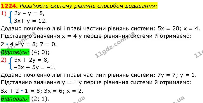 1224. Розв’яжіть систему рівнянь способом додавання: — ГДЗ Алгебра 7 клас Істер 2024
