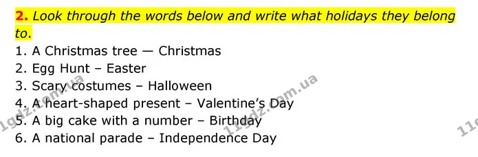 2. Look through the words below and write what holidays they belong to. — ГДЗ Робочий зошит Англійська мова 5 клас Карпюк