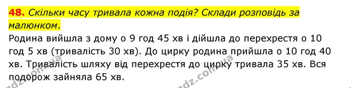 48. Скільки часу тривала кожна подія? Склади розповідь за малюнком. — ГДЗ Математика 4 клас Бевз 1 та 2 частини