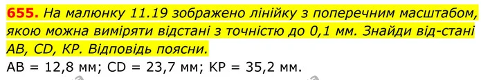655. На малюнку 11.19 зображено лінійку з поперечним масштабом, якою можна виміряти відстані з точністю до 0,1 мм. Знайди від­стані АВ — ГДЗ Геометрія 8 клас Бевз