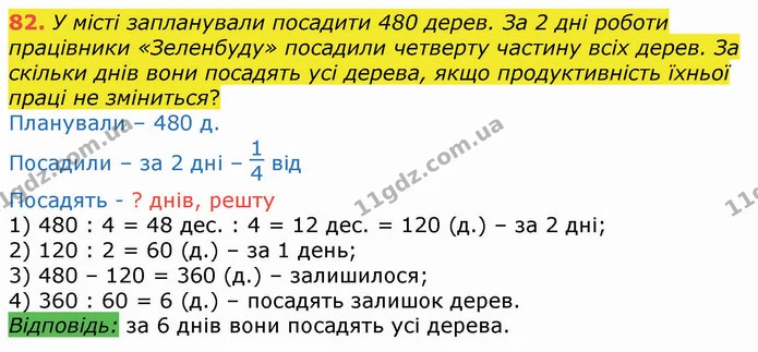 82. У місті запланували посадити 480 дерев. За 2 дні роботи працівники «Зеленбуду» посадили четверту частину всіх дерев. За скільки — ГДЗ Математика 4 клас Оляницька