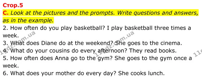 C. Look at the pictures and the prompts. Write questions and answers, as in the example. — ГДЗ граматика Англійська мова 7 клас Мітчелл