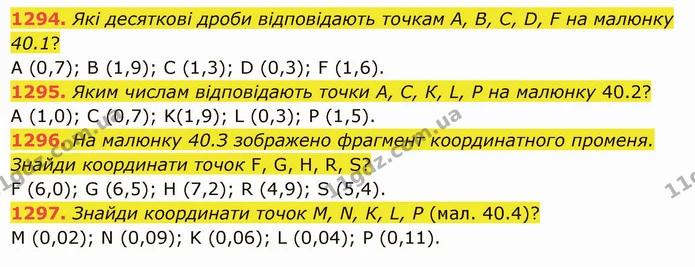 1294. Які десяткові дроби відповідають точкам А, В, С, D, F на малюнку 40.1? — ГДЗ Математика 5 клас Істер 2022