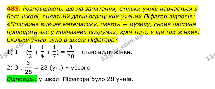 483. Розповідають, що на запитання, скільки учнів навчається в його школі, видатний давньогрецький учений Піфагор відповів: «Половина — ГДЗ Математика 6 клас Мерзляк 2023 1-2 ч.