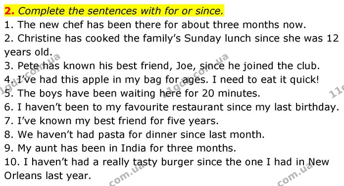 2. Complete the sentences with for or since. — ГДЗ робочий зошит Англійська мова 8 клас Гарет Джонс 2025