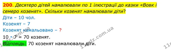 200. Десятеро дітей намалювали по 1 ілюстрації до казки «Вовк і семеро козенят». Скільки козенят намалювали діти? — ГДЗ Математика 3 клас Бевз 1 частина