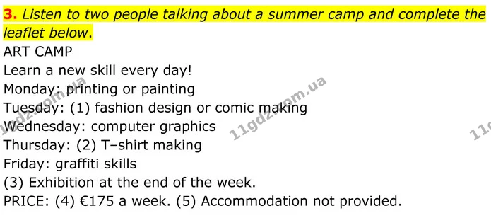 3. Listen to two people talking about a summer camp and complete the leaflet below. — ГДЗ Англійська мова 8 клас Мітчелл