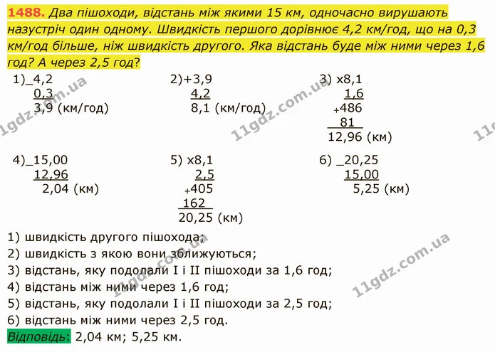 1488. Два пішоходи, відстань між якими 15 км, одночасно вирушають назустріч один одному. Швидкість першого дорівнює 4,2 км/год, що на — ГДЗ Математика 5 клас Істер 2022
