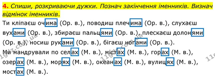 4. Спиши, розкриваючи дужки. Познач закінчення іменників. Визнач відмінок іменників. — ГДЗ Українська мова та читання 4 клас Большакова
