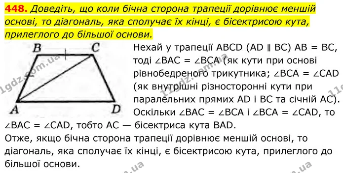 448. Доведіть, що коли бічна сторона трапеції дорівнює меншій основі, то діагональ, яка сполучає їх кінці, є бісектрисою кута — ГДЗ Геометрія 8 клас Бурда