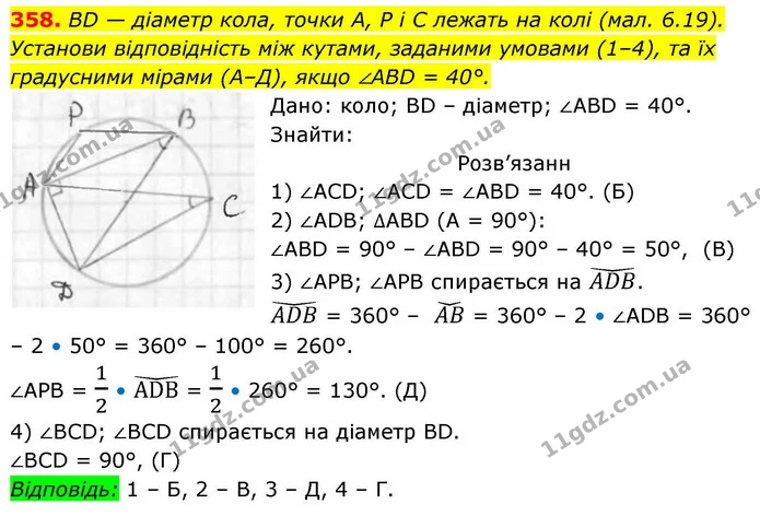 358. BD — діаметр кола, точки A, P і C лежать на колі (мал. 6.19). Установи відповідність між кутами, заданими умовами (1–4), та їх — ГДЗ Геометрія 8 клас Бевз