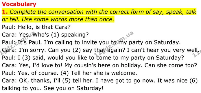 1. Complete the conversation with the correct form of say, speak, talk or tell. Use some words more than once. — ГДЗ робочий зошит Англійська мова 8 клас Гарет Джонс 2025