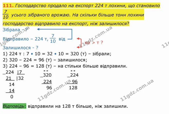 111. Господарство продало на експорт 224 т лохини, що становило усього зібраного врожаю. На скільки більше тонн лохини господарство — ГДЗ Математика 4 клас Лишенко 1-2 ч.