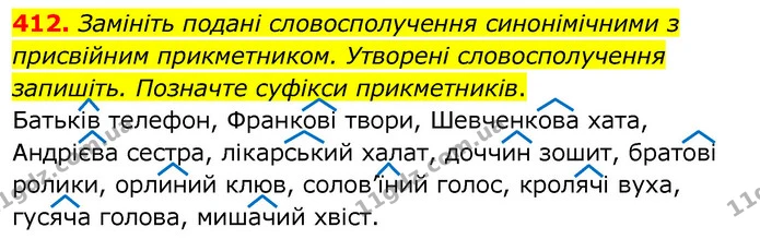 412. Замініть подані словосполучення синонімічними з присвійним прикметником. Утворені словосполучення запишіть. Позначте суфікси — ГДЗ Українська мова 6 клас Заболотний 2020