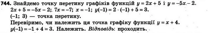 744. Чи проходить графік функції у = х + 4 через точку перетину графіків функцій у = 2х + 5 і у = –5х – 2? — ГДЗ Алгебра 7 клас Кравчук 2015