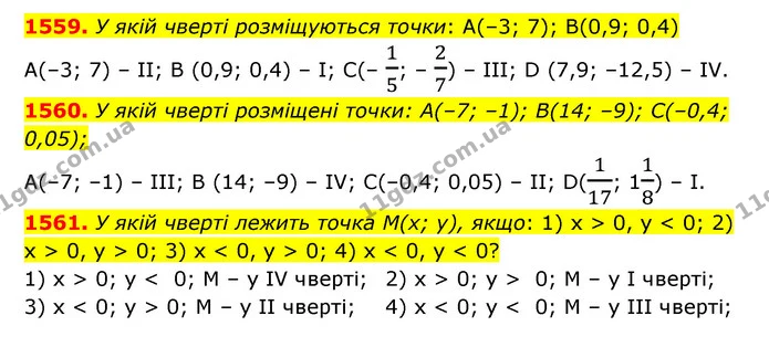 1559. У якій чверті розміщуються точки: А(–3; 7); В(0,9; 0,4) — ГДЗ Математика 6 клас Істер 2023 1-2 ч.