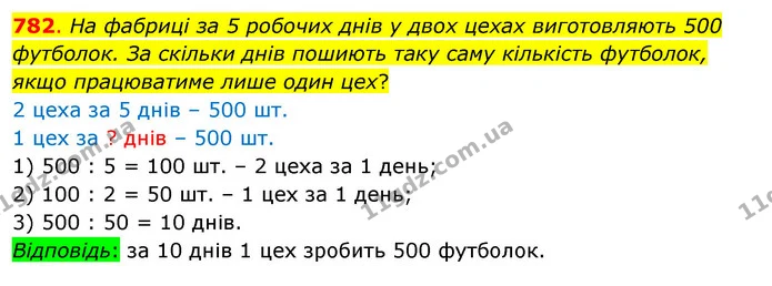 782. На фабриці за 5 робочих днів у двох цехах виготовляють 500 футболок. За скільки днів пошиють таку саму кількість футболок, якщо — ГДЗ Математика 3 клас Бевз 1 частина