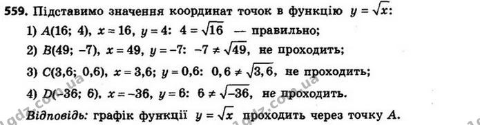 559. Через яку з даних точок проходить графік функції — ГДЗ Алгебра 8 клас Мерзляк, Полонський 2021