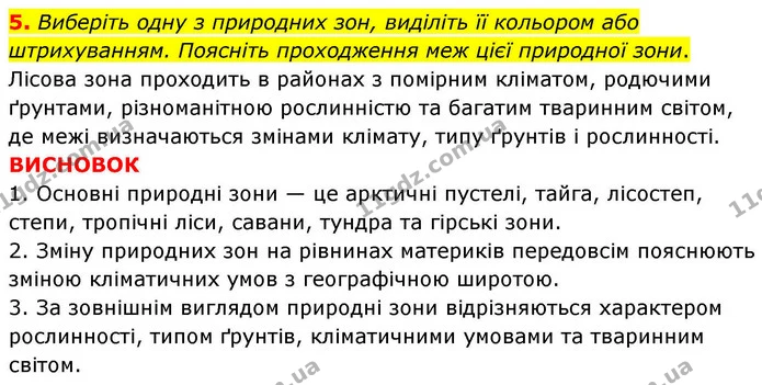 5. Виберіть одну з природних зон, виділіть її кольором або штрихуванням. Поясніть проходження меж цієї природної зони. — ГДЗ зошит для практичних Географія 7 клас Довгань