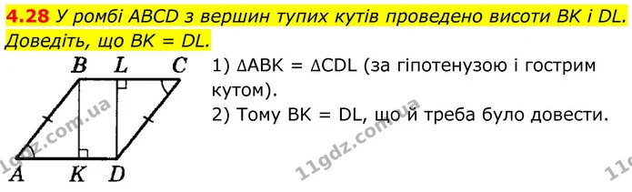 4.28 У ромбі ABCD з вершин тупих кутів проведено виcоти BK і DL. Доведіть, що BK = DL. — ГДЗ Геометрія 8 клас Істер