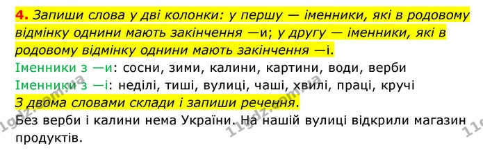 4. Запиши слова у дві колонки: у першу — іменники, які в родовому відмінку однини мають закінчення —и; у другу — іменники, які в — ГДЗ Українська мова 4 клас Чабайовська