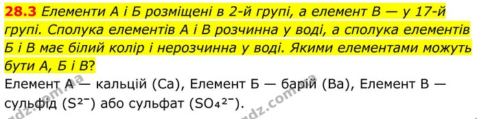 28.3 Елементи А і Б розміщені в 2-й групі, а елемент В — у 17-й групі. Сполука елементів А і В розчинна у воді, а сполука елементів Б і — ГДЗ Робочий зошит Хімія 8 клас Григорович