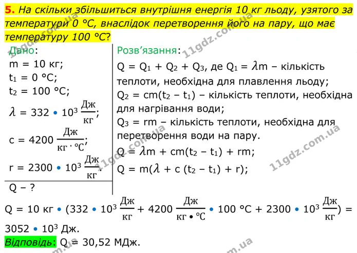5. На скільки збільшиться внутрішня енергія 10 кг льоду, узятого за температури 0 °С, внаслідок перетворення його на пару, що має… — ГДЗ Фізика 8 клас Бар'яхтар