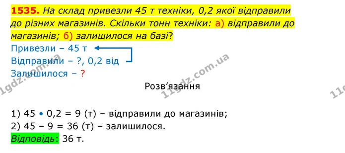1535. На склад привезли 45 т техніки, 0,2 якої відправили — ГДЗ Математика 5 клас Бевз