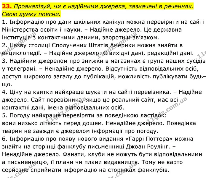 23. Проаналізуй, чи є надійними джерела, зазначені в реченнях. Свою думку поясни. — ГДЗ Українська мова 6 клас Онатій