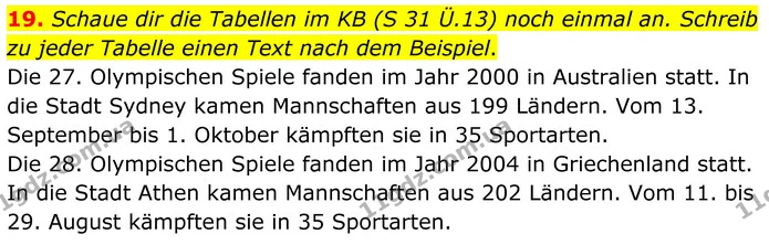 19. Schaue dir die Tabellen im KB (S 31 Ü.13) noch einmal an. Schreib zu jeder Tabelle einen Text nach dem Beispiel. — ГДЗ робочий зошит Німецька мова 8 клас Басай