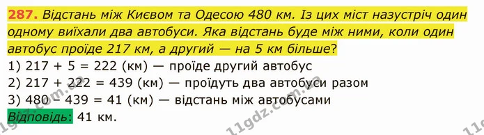 287. Відстань між Києвом та Одесою 480 км. Із цих міст назустріч один одному виїхали два автобуси. Яка відстань буде між ними, коли — ГДЗ Математика 5 клас Істер 2022