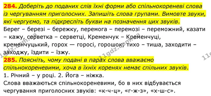 284. Доберіть до поданих слів їхні форми або спільнокореневі слова із чергуванням приголосних. Запишіть слова групами. Вимовте звуки — ГДЗ Українська мова 5 клас Заболотний 2022