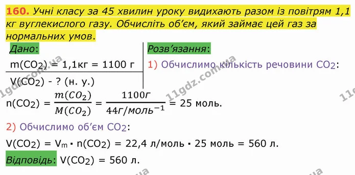 160. Учні класу за 45 хвилин уроку видихають разом із повітрям 1,1 кг вуглекислого газу. Обчисліть об’єм, який займає цей газ за — ГДЗ Хімія 8 клас Попель