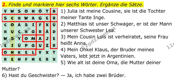 2. Finde und markiere hier sechs Wörter. Ergänze die Sätze. — ГДЗ Німецька мова 8 клас Сотникова (2025) 4 рік