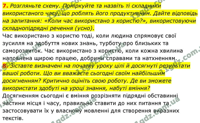 7. Розгляньте схему. Поміркуйте та назвіть ті складники використаного часу, що роблять його продуктивним. Дайте відповідь на запитання — ГДЗ Українська мова 9 клас Голуб 2026