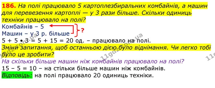 186. На полі працювало 5 картоплезбиральних комбайнів, а машин для перевезення картоплі — у 3 рази більше. Скільки одиниць техніки — ГДЗ Математика 3 клас Лишенко (1, 2 частина)