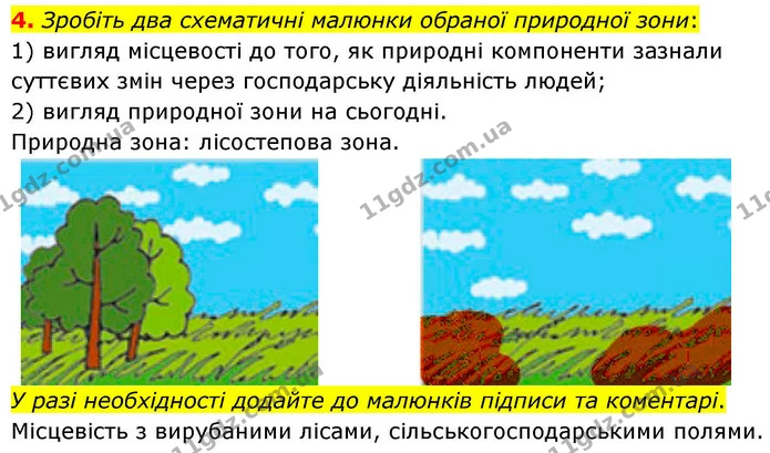 4. Зробіть два схематичні малюнки обраної природної зони: — ГДЗ зошит для практичних Географія 7 клас Довгань