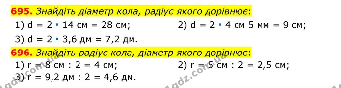 695. Знайдіть діаметр кола, радіус якого дорівнює: — ГДЗ Математика 6 клас Мерзляк 2023 1-2 ч.