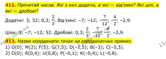 412. Прочитай числа. Які з них додатні, а які — від'ємні? Які цілі, а які — дробові? — ГДЗ Математика 6 клас Бевз 1-2 ч.