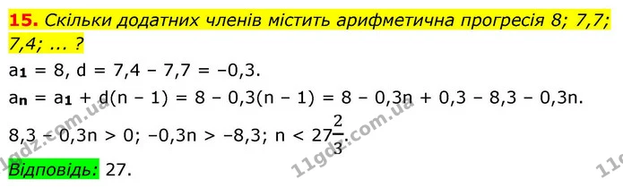 15. Скільки додатних членів містить арифметична прогресія 8; 7,7; 7,4; ... ? — ГДЗ Алгебра 9 клас Істер