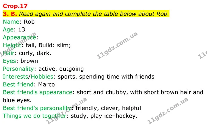3. B. Read again and complete the table below about Rob. — ГДЗ Англійська мова 6 клас Мітчелл