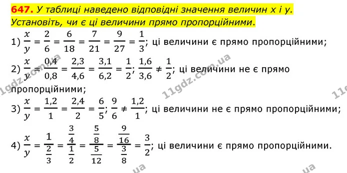 647. У таблиці наведено відповідні значення величин х і у. Установіть, чи є ці величини прямо пропорційними. — ГДЗ Математика 6 клас Мерзляк 2023 1-2 ч.